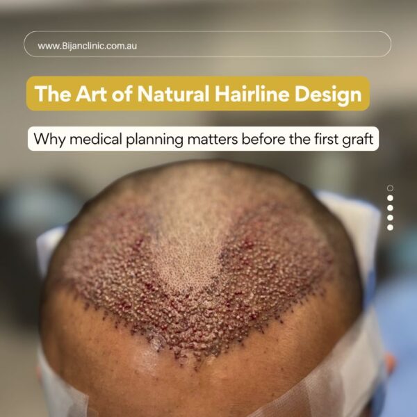 Natural hairline design drawn on patient forehead before hair transplant procedure at Bijan Clinic Sydney